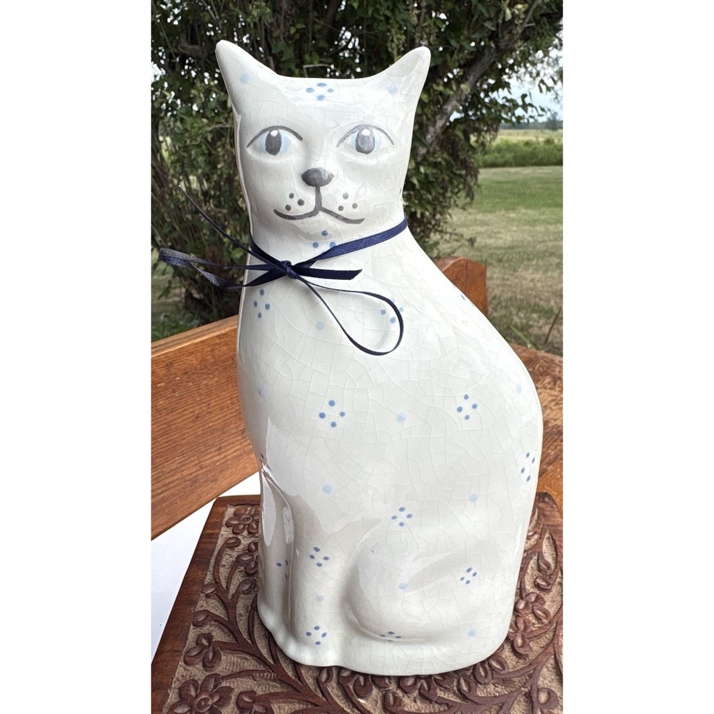 Ceramic White Light Blue Floral Cat Kitty Figurine 8" Tall Folk Art Gustin